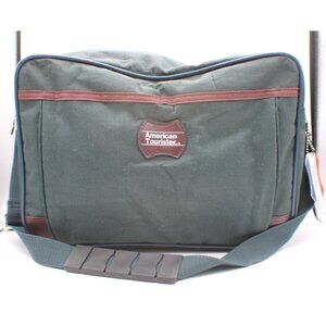 American Tourister Green Canvas Carry On Bag Adjustable Strap Leather Accent Vtg